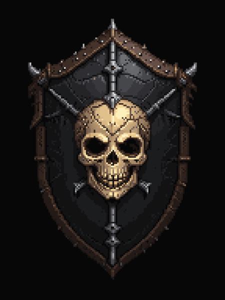 palettized-0150-3231897486-pixel art, cartoon illustration, skeleton spiked shield, skull, simple black background, game icon _lora_game_icon_0.4_ _lora_pi.png